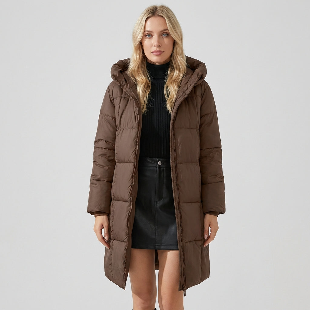 Red reddish-brown Lumina Wear Victoria longline hooded puffer coat with practical pockets, cozy and stylish for cold weather.