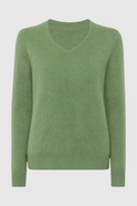 Victoria Lumina Wear cozy olive green sweater with flattering V-neck, soft knit, and long sleeves.