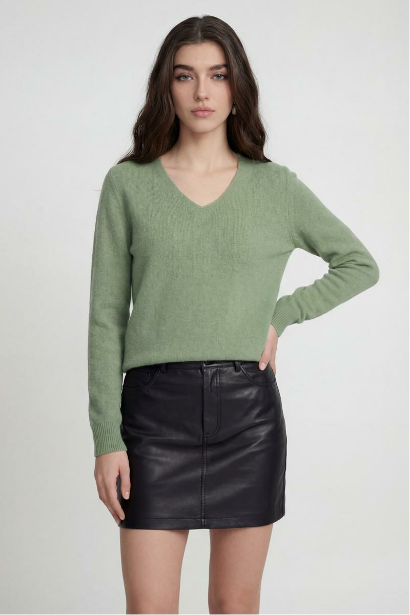 Olive green Lumina Wear Victoria cozy sweater with flattering V-neck, long sleeves, and soft knit fabric, front view.