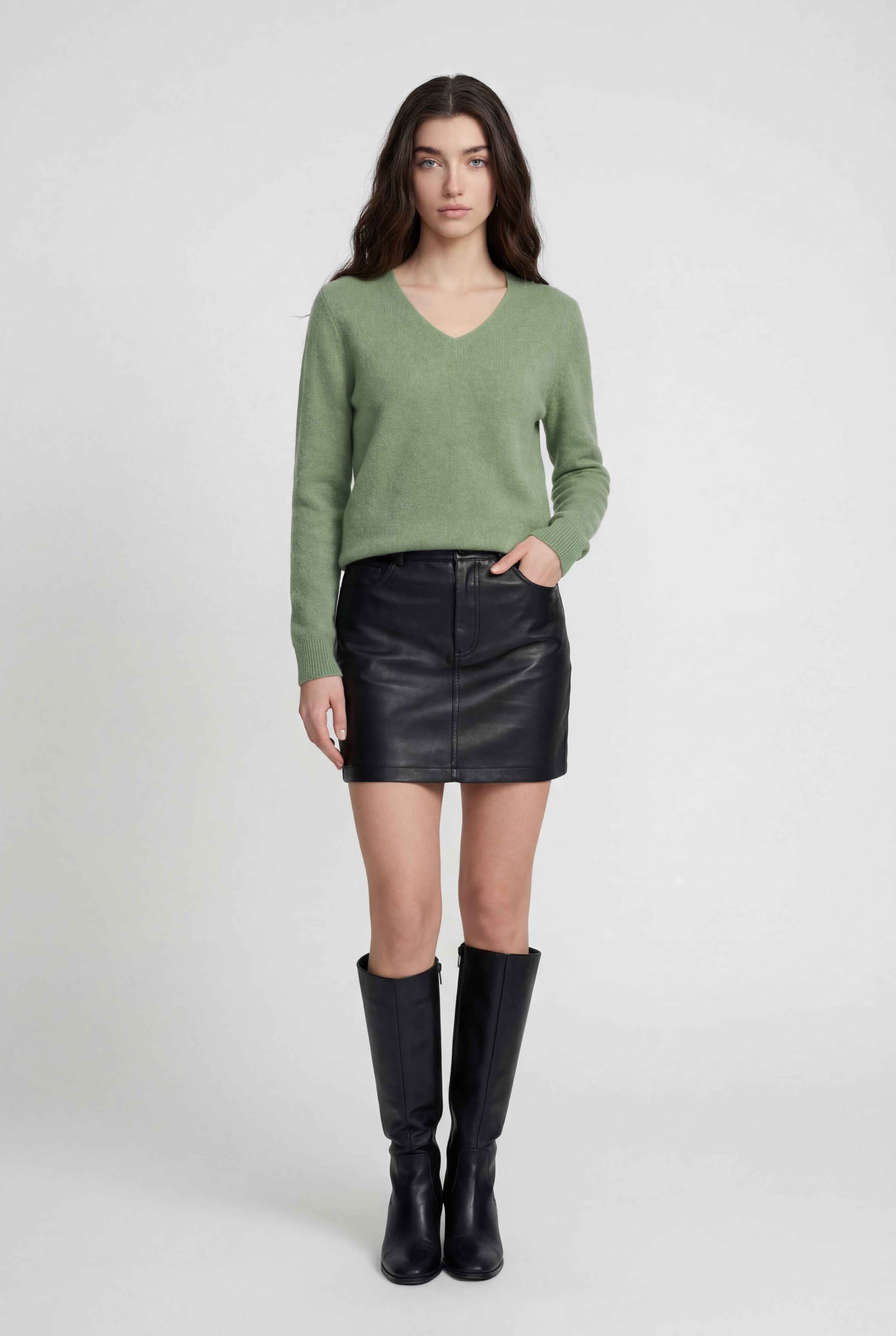 Olive green Lumina Wear Victoria cozy sweater with flattering V-neck, soft knit, and relaxed fit, ideal for casual styling.