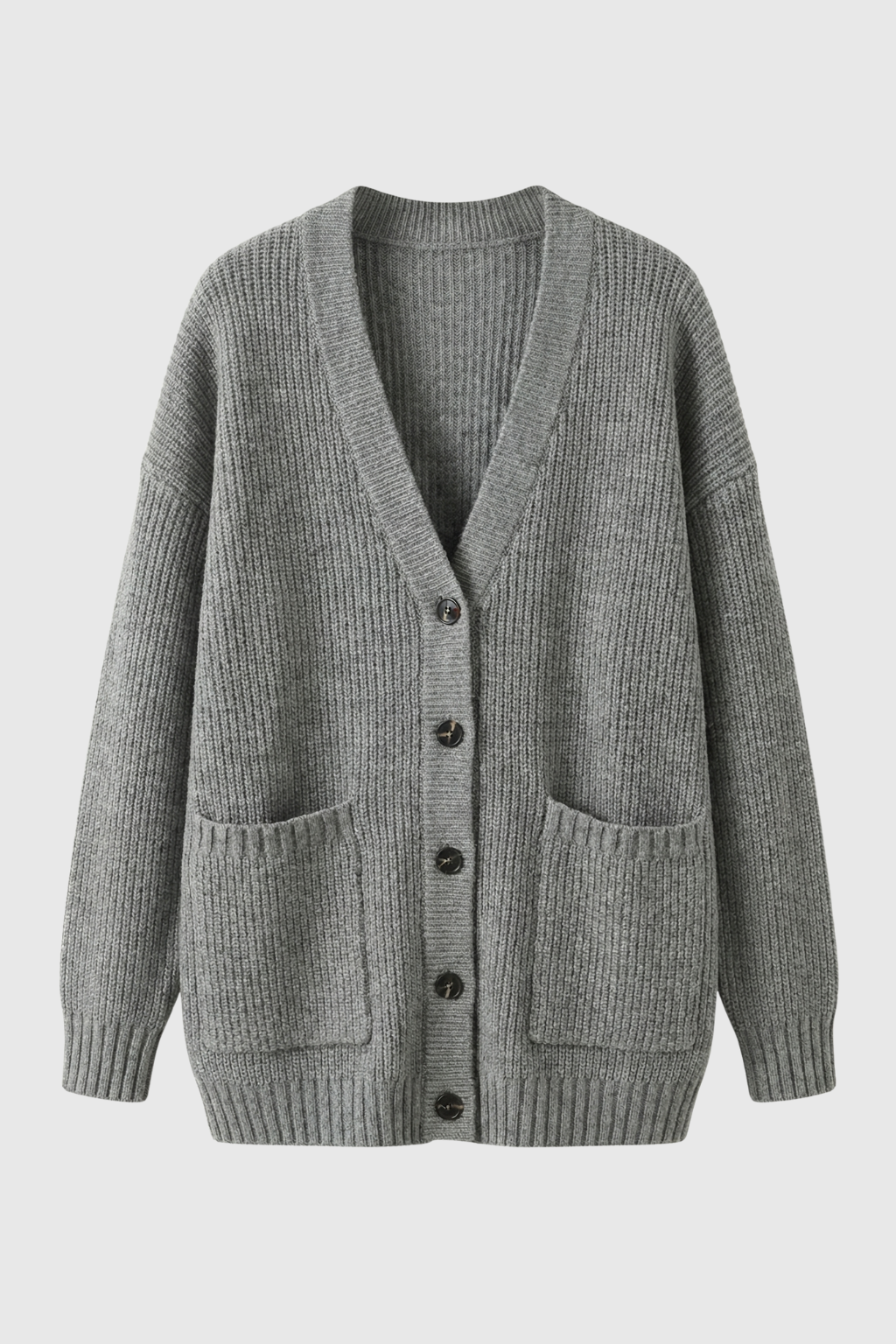 Grey Victoria oversized long cardigan with ribbed details from Lumina Wear, cozy and stylish for layered comfort.