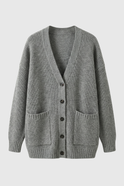 Victoria Lumina Wear cozy oversized long cardigan with ribbed details in grey, featuring a relaxed fit and soft knit texture.