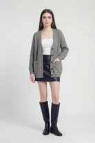 Grey Victoria Lumina Wear oversized long cardigan with ribbed details, cozy sweater perfect for layered fall and winter outfits.