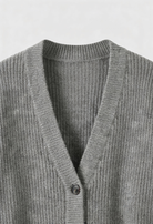 Grey Victoria Lumina Wear cozy oversized long cardigan with ribbed details, perfect for layered fall and winter outfits.