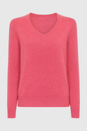 Victoria Lumina pink and red V-neck sweater with a cozy, flattering fit, featuring long sleeves and soft knit fabric.