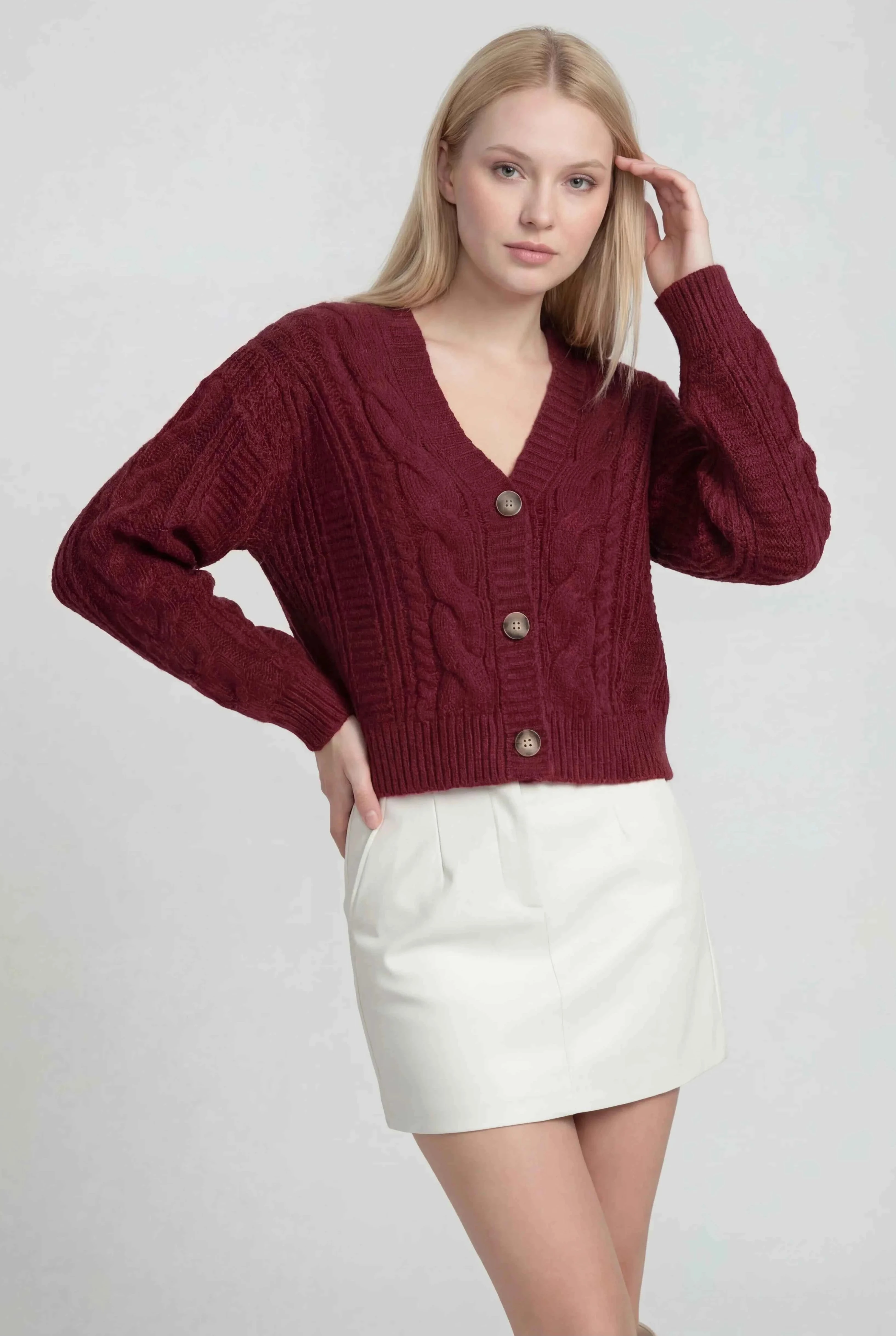 Victoria cozy red long cardigan by Lumina Wear with ribbed details, perfect for layered winter or fall outfits.