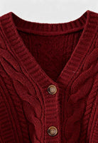 Victoria cozy red long cardigan with ribbed details by Lumina Wear, featuring a soft knit fabric and relaxed fit.