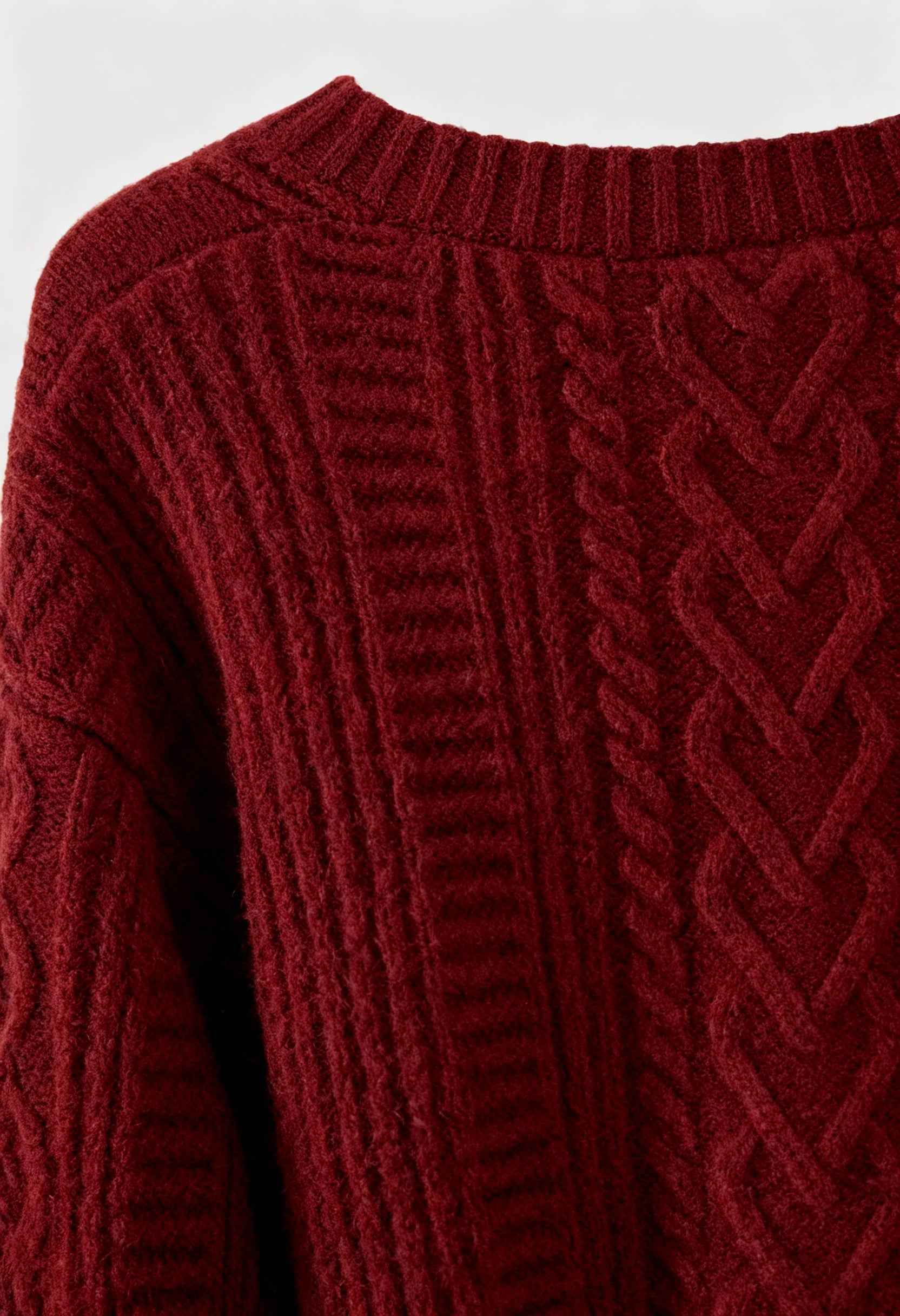 Victoria Lumina cozy red long cardigan with ribbed details, soft knit sweater perfect for casual wear.