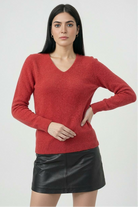 Lumina Wear Victoria cozy red sweater with a flattering fit, featuring soft knit fabric and long sleeves, perfect for casual wear.