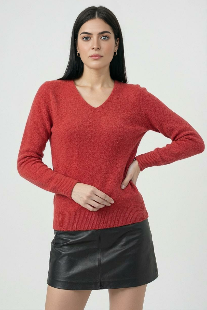 Lumina Wear Victoria cozy red sweater with a flattering fit, featuring soft knit fabric and long sleeves, perfect for casual wear.