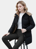 Black Victoria Lumina Wear cozy sherpa-collar hooded puffer coat, lightweight and warm, perfect for winter layering.
