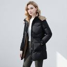 Victoria Lumina Wear cozy sherpa-collar hooded puffer coat in black, lightweight insulated winter jacket for cold weather.