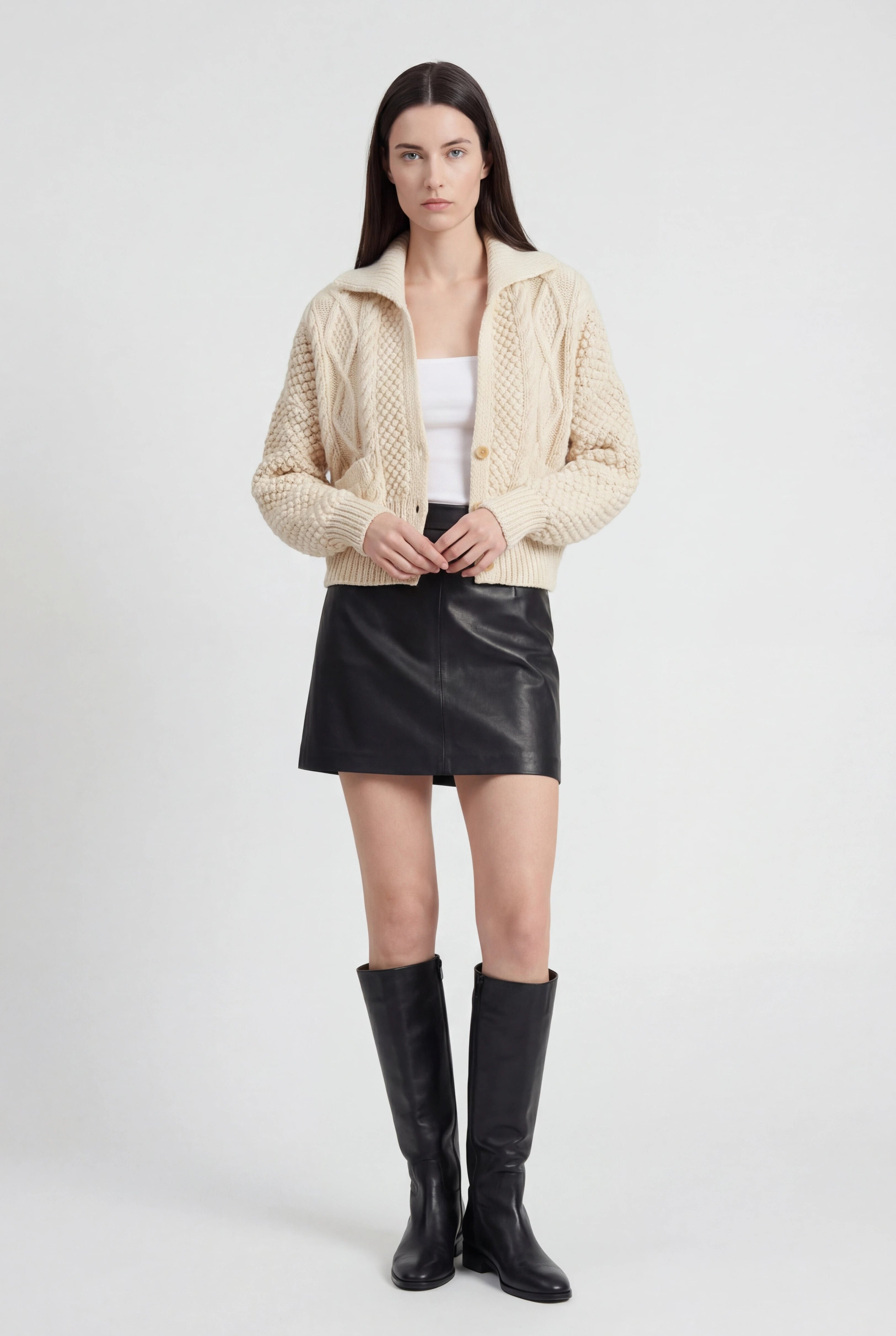 Victoria cozy white knit cardigan sweater with relaxed fit by Lumina Wear, featuring soft textured fabric and casual style.