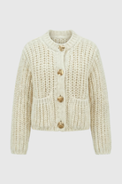 Victoria white long cardigan sweater by Lumina Wear, featuring a cozy relaxed fit and soft knit fabric.