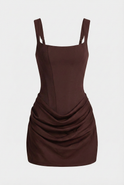 Victoria Draped Earthy Mini Dress by Lumina Wear, featuring an hourglass fit in mocha, perfect for stylish women's fashion.