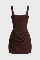 Victoria earthy mini dress by Lumina Wear featuring draped fabric and hourglass fit, in mocha color, women's fashion dress.