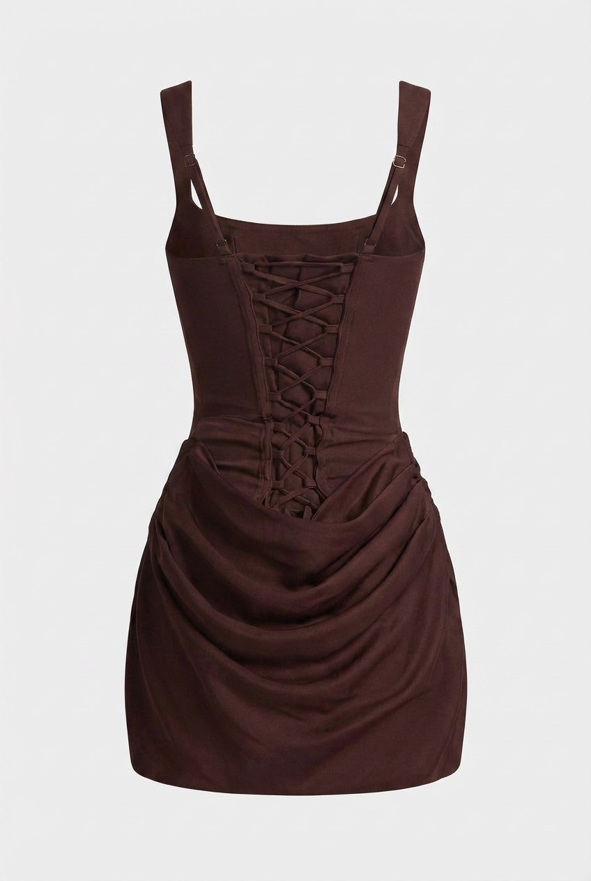 Victoria earthy mini dress by Lumina Wear featuring draped fabric and hourglass fit, in mocha color, women's fashion dress.