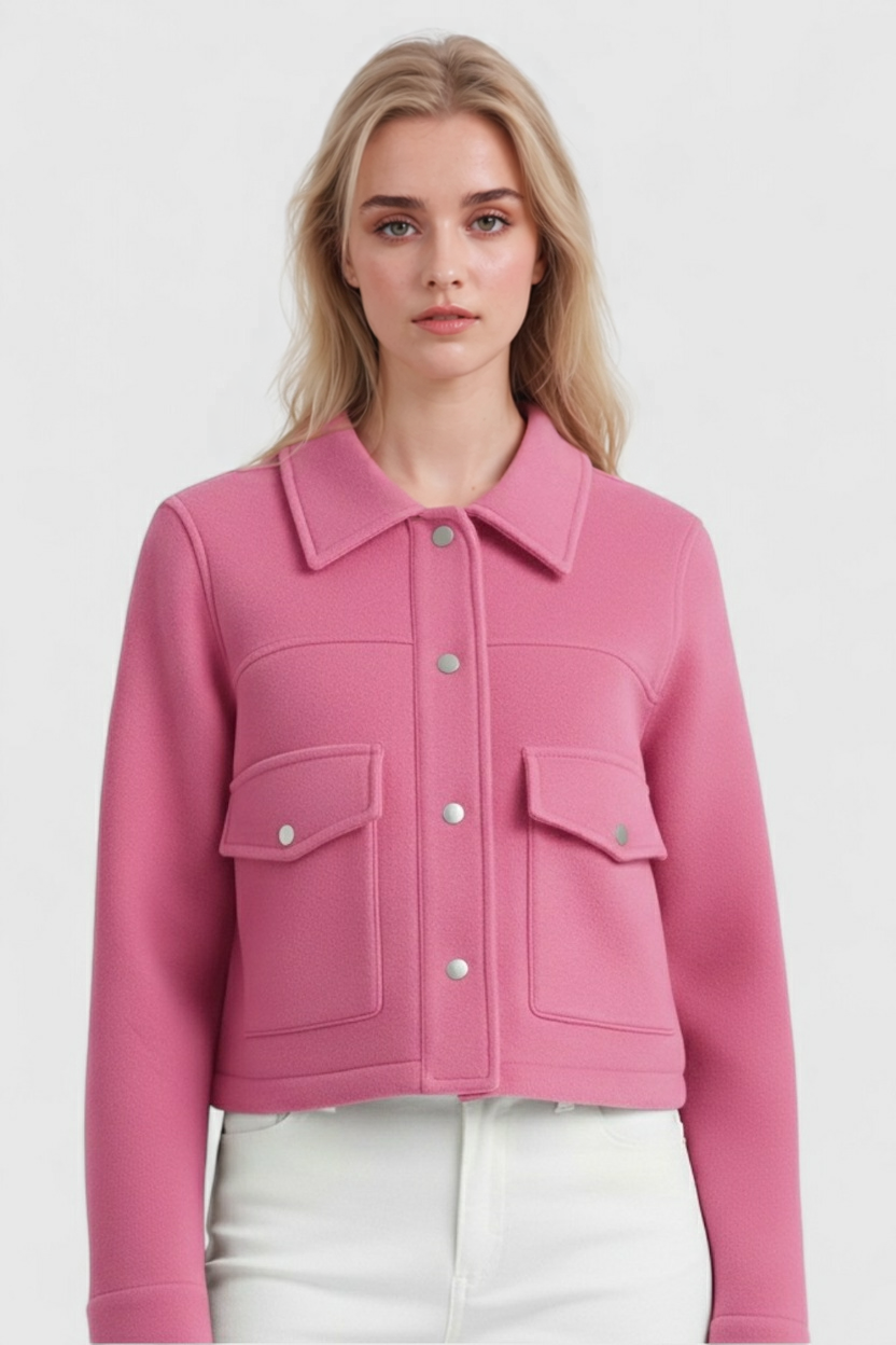 Elegant apricot women's jacket from Lumina Wear featuring a classic button closure and tailored fit.