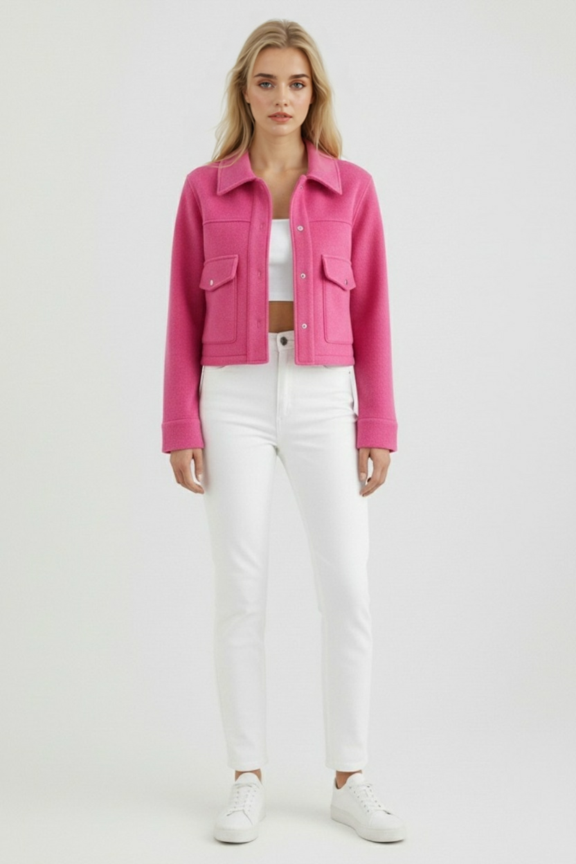 Elegant apricot Lumina Wear women's jacket with classic button closure, stylish and lightweight for a sophisticated look.