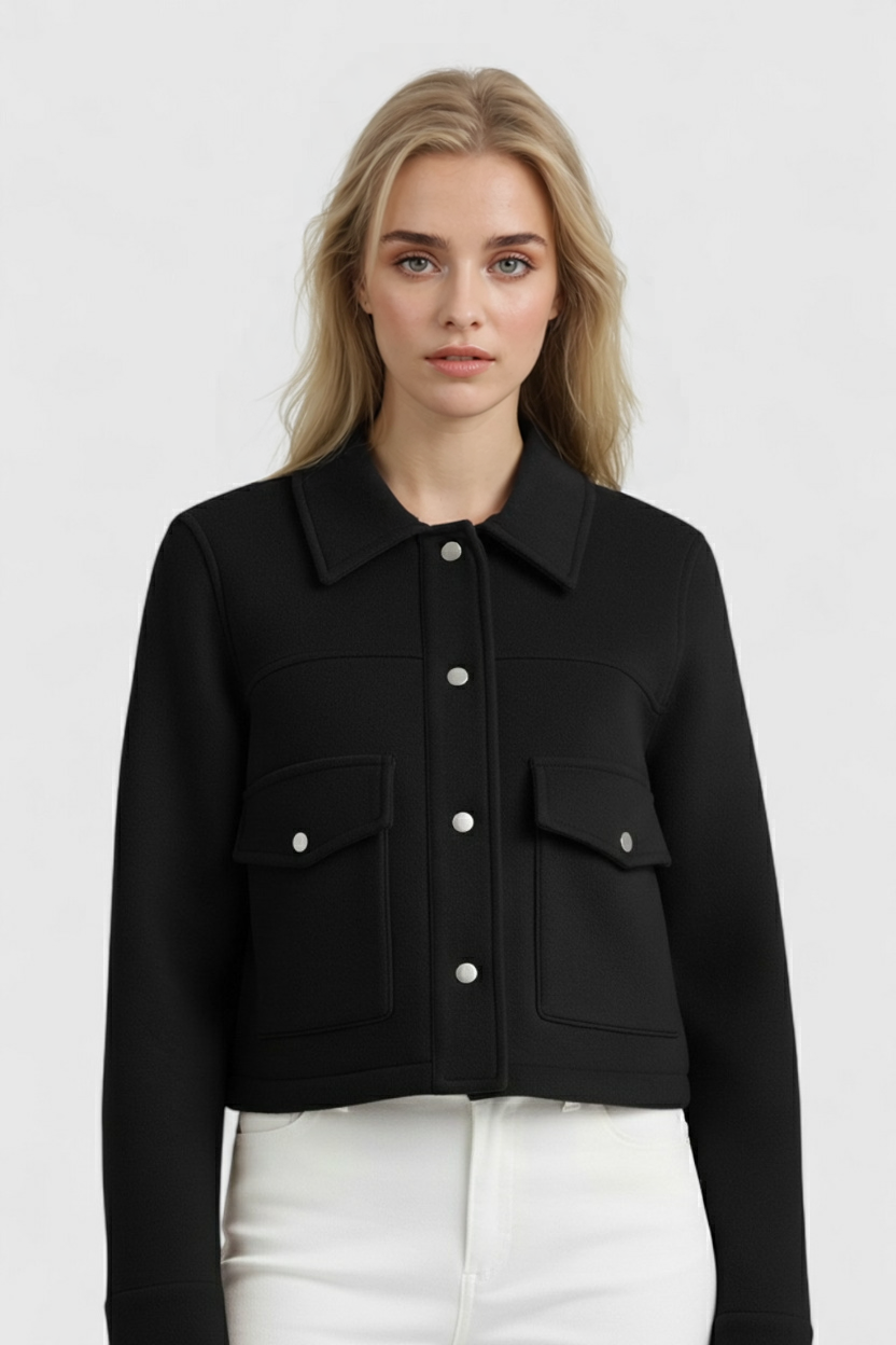Victoria women's army green jacket with button closure from Lumina Wear, featuring a stylish and elegant design.