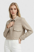 Lumina Wear Victoria elegant autumn jacket with classic button closure in apricot color, stylish and lightweight for fall.