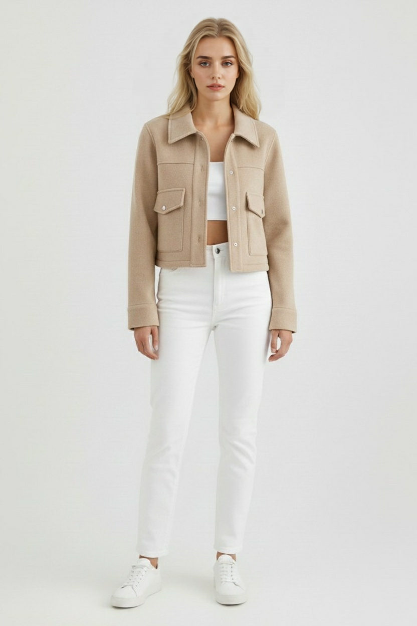 Elegant Lumina Wear Victoria autumn jacket with classic button closure in apricot, featuring stylish design and tailored fit.