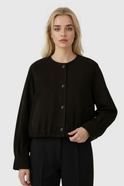 Lumina Wear Victoria black short jacket with O-neck and pockets, stylish and elegant for women.