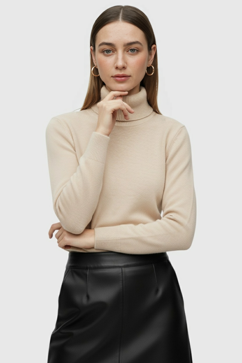 Beige Lumina Wear Victoria slim fit turtleneck sweater for winter, elegant design, close-up of fabric and neckline.