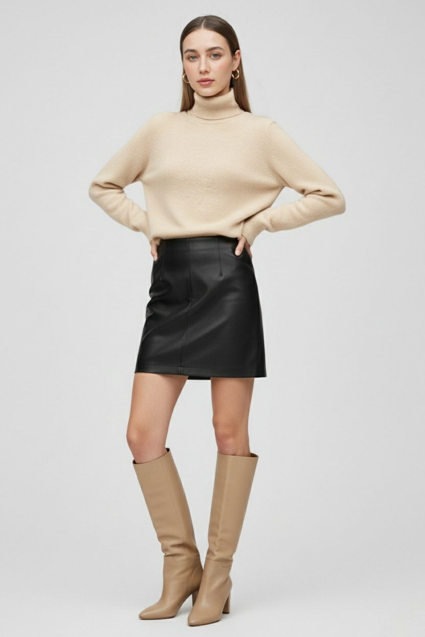 Elegant beige Lumina Wear turtleneck sweater for women, slim fit winter sweater styled for a sophisticated look.