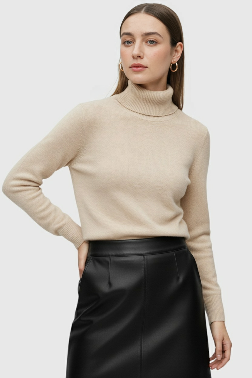 Beige Lumina Wear Victoria slim fit turtleneck sweater for winter, showcasing a cozy, elegant sweater design with a fitted silhouette.