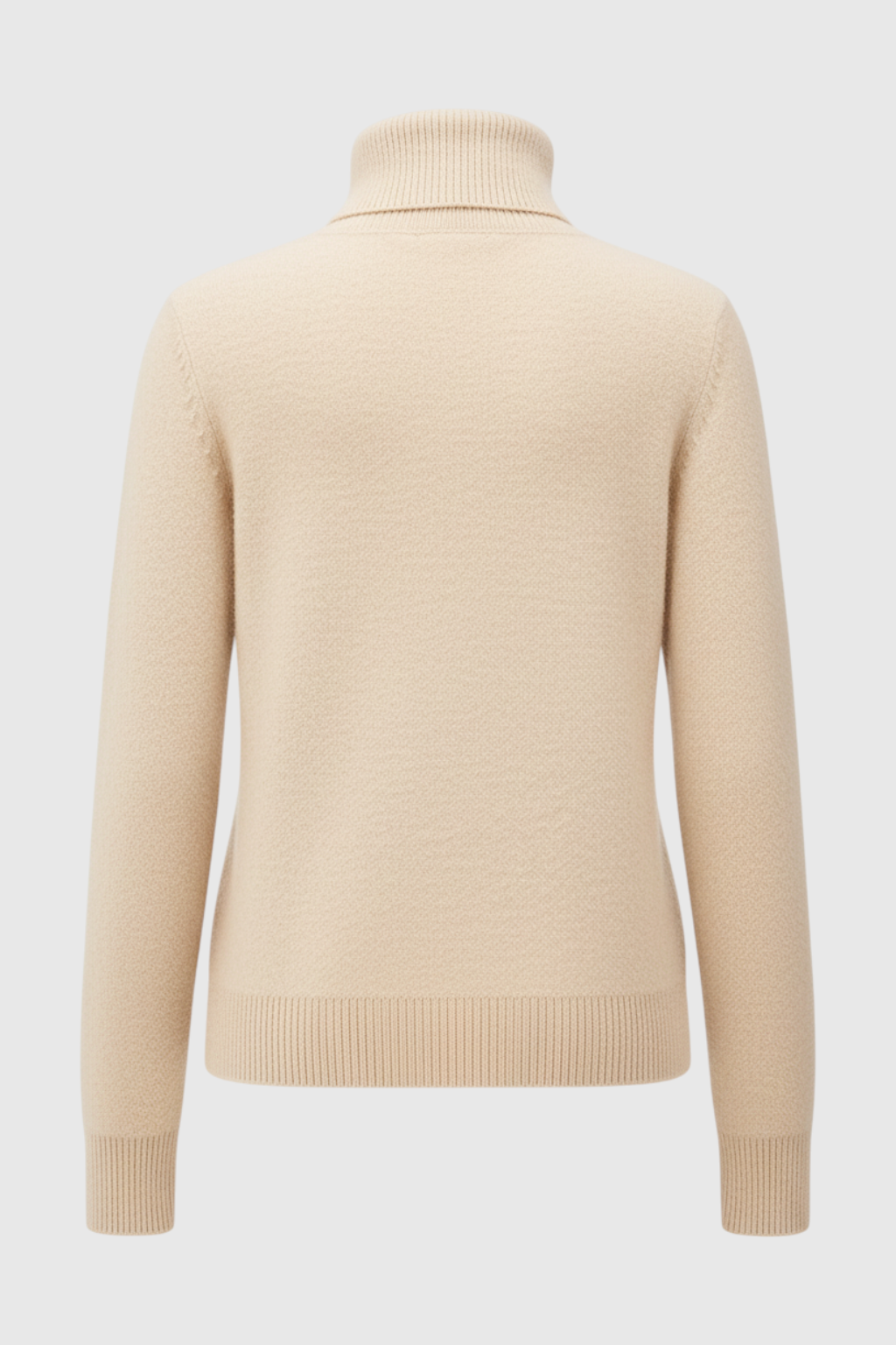 Elegant beige Lumina Wear turtleneck sweater for winter, slim fit design, casual style, soft knit fabric, front view.