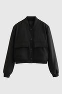 Victoria black bomber jacket by Lumina Wear, featuring a sleek, timeless design with a fitted silhouette and stylish details.