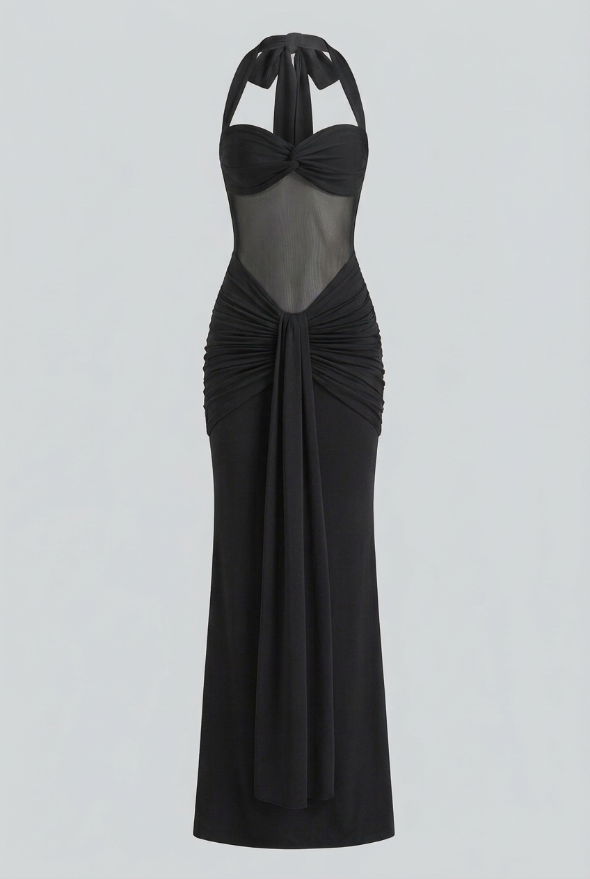 Elegant black halter dress by Lumina Wear featuring a sculpted silhouette, perfect for women’s formal occasions.