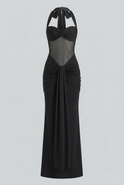 Elegant black halter dress by Lumina Wear featuring a sculpted silhouette, perfect for formal occasions.
