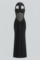 Elegant black halter dress by Lumina Wear featuring a sculpted silhouette, perfect for women’s formal occasions.