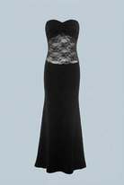 Elegant black lace evening gown with a mermaid hem by Lumina Wear, featuring intricate lace details and a fitted silhouette.