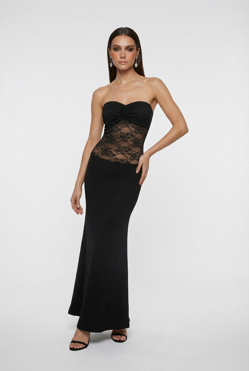 Elegant black lace evening gown with a mermaid hem by Lumina Wear, featuring intricate lace detail and a fitted silhouette.