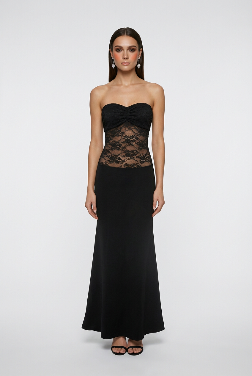 Victoria black lace evening gown with a mermaid hem from Lumina Wear, featuring a fitted silhouette and intricate lace details.