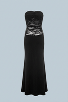 Elegant black lace evening gown with a mermaid hem by Lumina Wear, featuring intricate lace details and a fitted silhouette.
