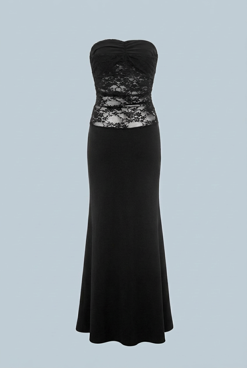 Elegant black lace evening gown with a mermaid hem by Lumina Wear, featuring intricate lace details and a fitted silhouette.
