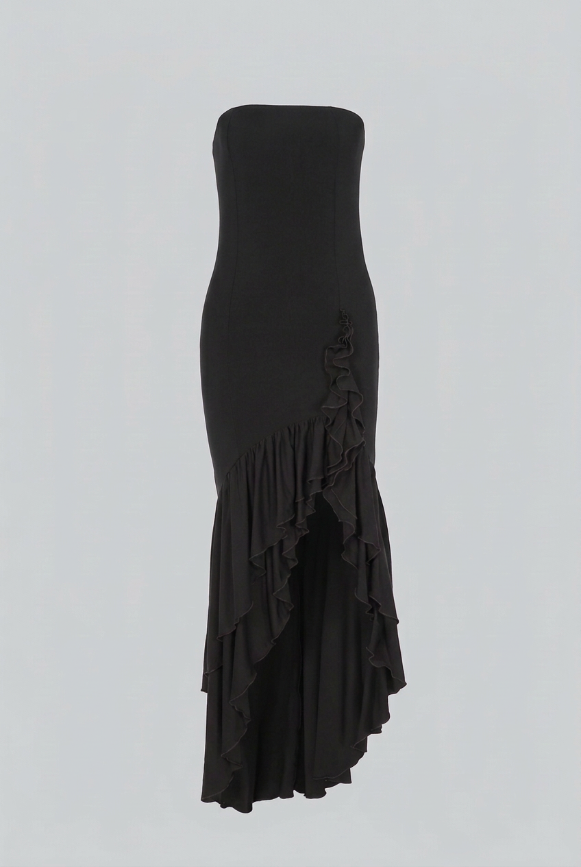 Elegant black Victoria maxi dress with asymmetrical ruffle from Lumina Wear, featuring flowing fabric and stylish design.