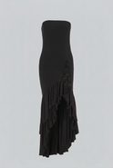 Elegant black Victoria maxi dress by Lumina Wear featuring an asymmetrical ruffle and flowing silhouette.