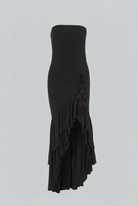 Elegant black Victoria maxi dress with asymmetrical ruffle from Lumina Wear, featuring flowing fabric and stylish design.