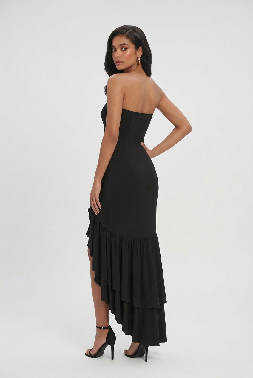 Elegant black Maxi Dress by Lumina Wear featuring an asymmetrical ruffle and flowing silhouette.