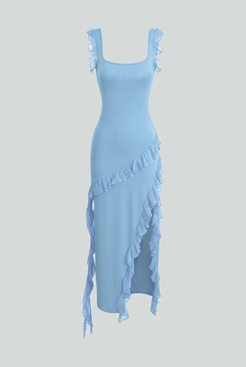 Elegant blue Victoria maxi dress by Lumina Wear featuring a high slit, flowing fabric, and sophisticated evening style.