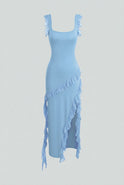 Elegant blue Victoria evening maxi dress with high slit by Lumina Wear, showcasing flowing fabric and stylish design.