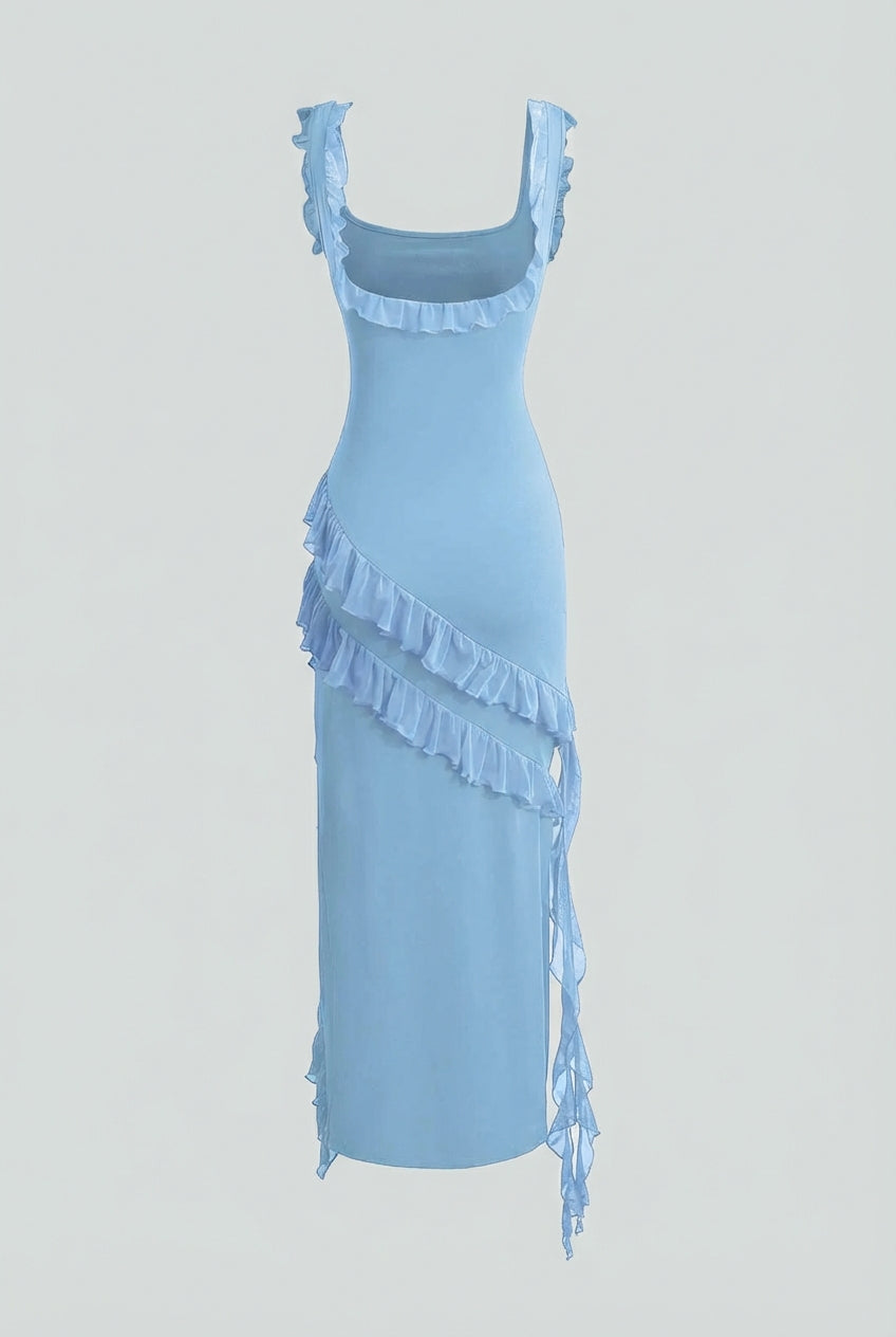 Elegant blue Victoria evening maxi dress by Lumina Wear with a high slit, flowing fabric, and stylish design for formal occasions.