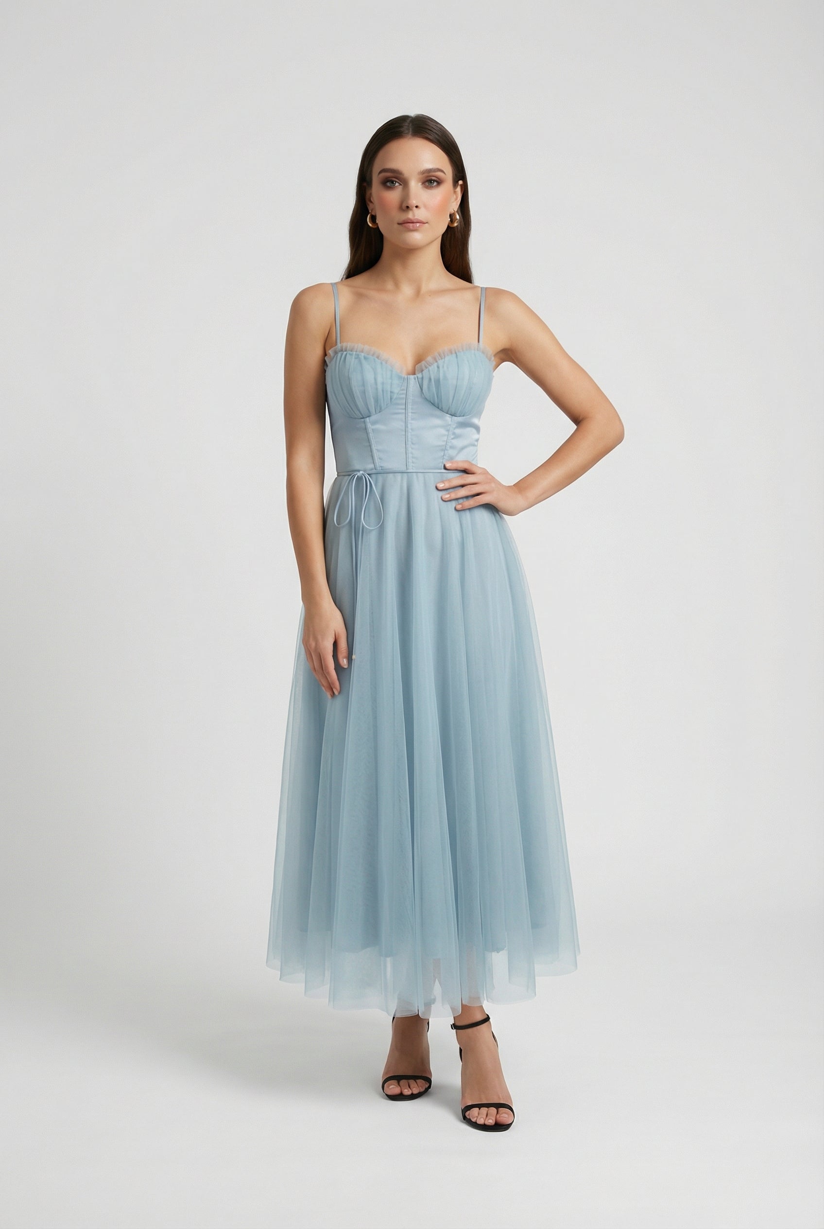 Elegant blue midi wedding guest dress by Lumina Wear, featuring a flattering silhouette and stylish design.