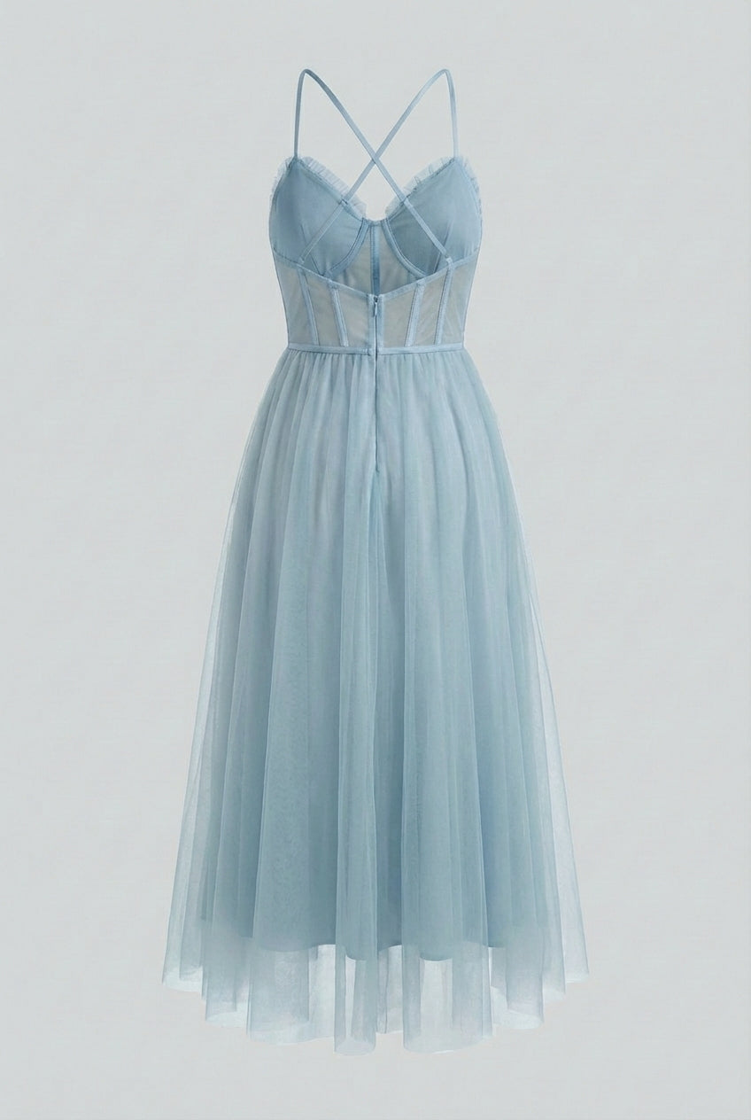 Elegant blue midi wedding guest dress by Lumina Wear featuring a flattering silhouette and stylish design.