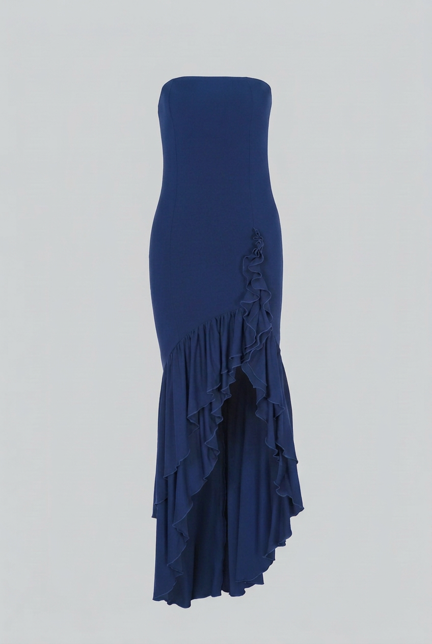 Elegant blue strapless dress with asymmetrical ruffle by Lumina Wear, featuring a fitted silhouette and stylish design.